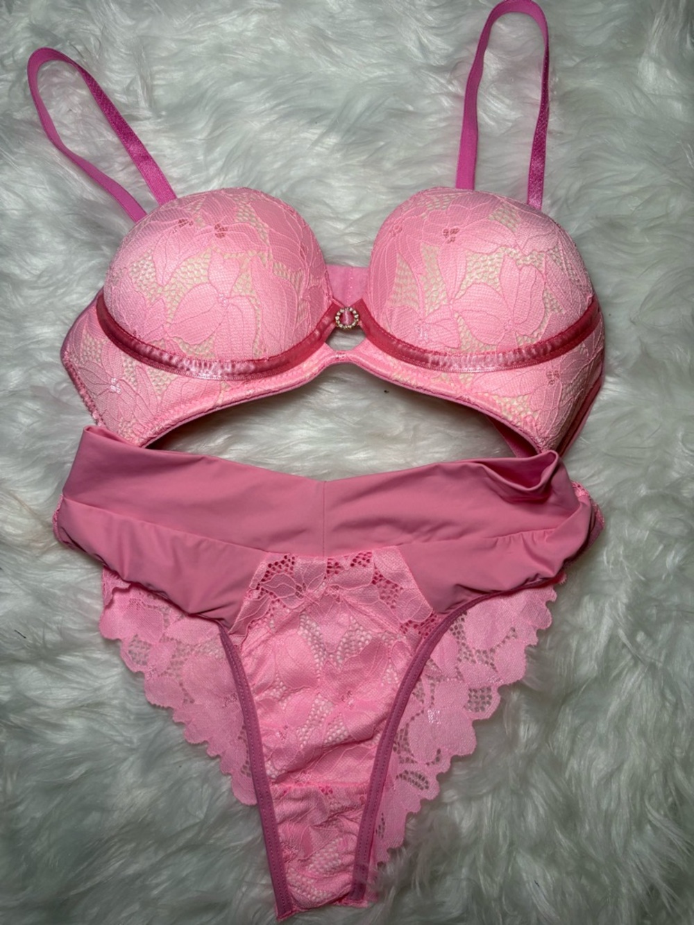 Pink Lace Push-Up Bra & Lace Thong Set